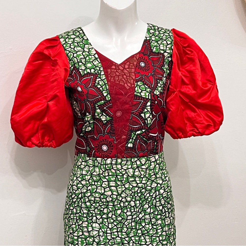 Vibrant Red and Green African Print Puff Sleeve Dress